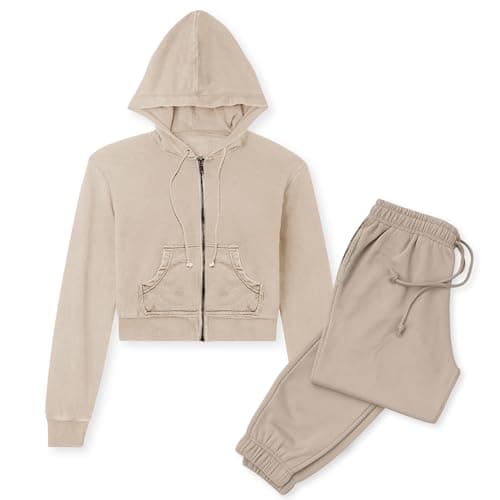DELLMOOR Girl’s 2 Piece Tracksuits Teenagers Two Piece Terry Cotton Activewear Long Sleeve Outfit Zipped Fleece Hoodie and Jogging Bottom Set for Girls, Beige, 13-14 Years — view 2