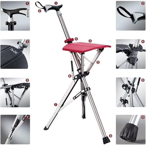 STEP2GOLD Ta-Da Chair - Walking Stick with Seat, Ultra-Light Aluminium Frame & Sturdy Foldable Stool (up to 110kg), Collapsable Folding Design, Ideal for Travel & Sightseeing - Red, 85 cm — view 4