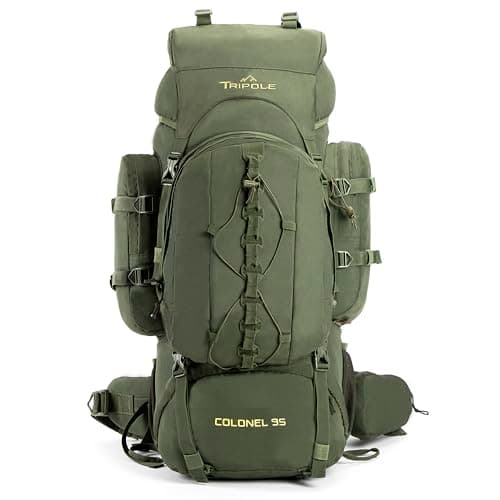 Tripole Colonel 95L Travel Backpack with Detachable 12L Daypack – Waterproof Hiking Rucksack for Women and Men for Camping & Trekking, Internal Frame, Rain Cover, Military Green