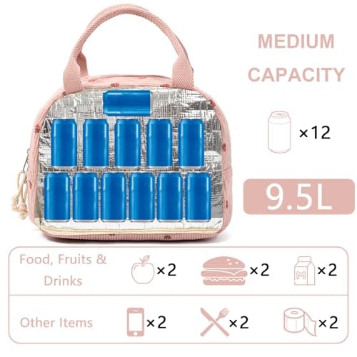 Pink Insulated Kids Lunch Bags, Strawberry Kids Lunch Bags Cooler Tote, Cream Cooler Tote Lunch Box for Women & Kids, Large Lunch Box for Women, Femme Womens Lunch Bag for Work, Picnic, Camping — view 4
