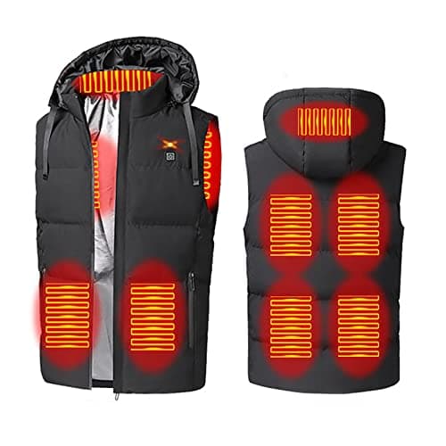 HAOLEI Heated Body Warmer Mens, Hooded Vest UK Clearance, Sleeveless Jacket with Hood, Winter Coat USB Charging Electric Gilet 7 Heating Zones for Sports(No Power Bank), Black, L