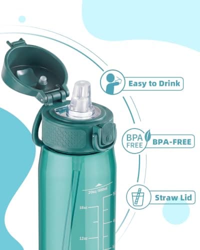 OLDLEY 600ml/20oz Water Bottles with Straw Leakproof Tritan Water Bottle with Handle BPA Free Time Marker Sports Drinking Bottle for School, Travel, Sports (Dark Green) — view 2