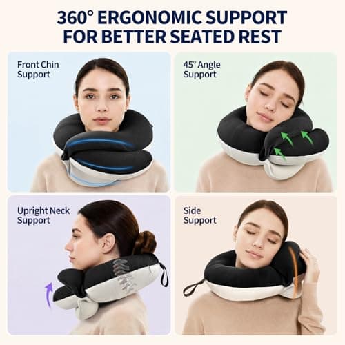 BUYUE Travel Neck Pillows for Airplanes, 360° Head Support Sleep for Long Flight, Skin-Friendly & Breathable, Kit with 3D Contoured Eye Mask, Earplugs and Storage Bag (Adult, Black, 100+ lbs) — view 2