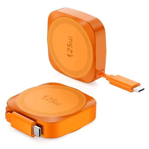 25W Wireless Charger with Retractable USB-C Cable, Fast Qi2.2 Magnetic Charger Compatible MagSafe for iPhone 17/16/15/14/13/12/Airpods pro,Foldable Portable 25W Wireless Charging Pad, Orange