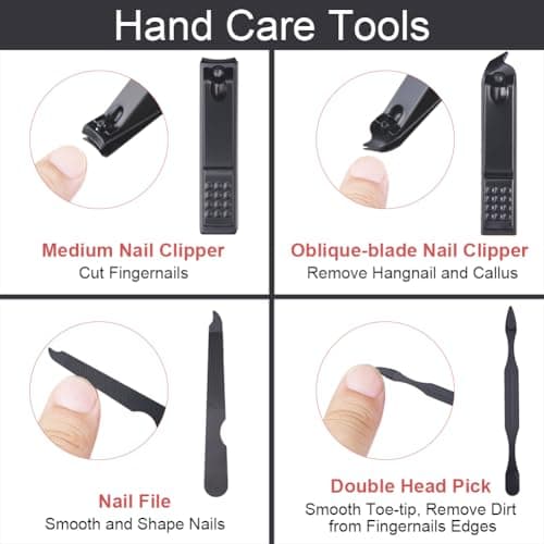 URAQT Professional Manicure Set, 8 pcs Portable Nail Clippers & Eyebrow Grooming Kit, Stainless Steel Nail Care Tools with Luxurious Leather Case for Travel & Home（Black） — view 5