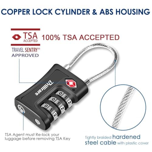BRILLIRARE 2 Pack TSA Approved Luggage Locks, Combination Travel Cable Padlock, 3-Digit Waterproof Lock, TSA Accepted Outdoor Keyless Resettable Lock for Lockers, Bags, Gym, Gate-Black — view 2