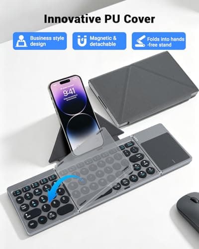 Jeifhxu Foldable Bluetooth Keyboard with Touchpad, Portable Travel Wireless Mini Folding Keyboard with Trackpad – Rechargeable Pocket Size Keyboard for iPad, Android, iOS, Windows, PC with PU Cover — view 6