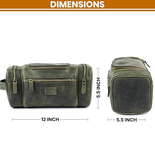 LEATHER VILLAGE Large Leather Toiletry Bag for Men, Hanging Dopp Kit, Olive, 12''x5.5''x5.5'', Vintage Leather Toiletry Bag — view 5
