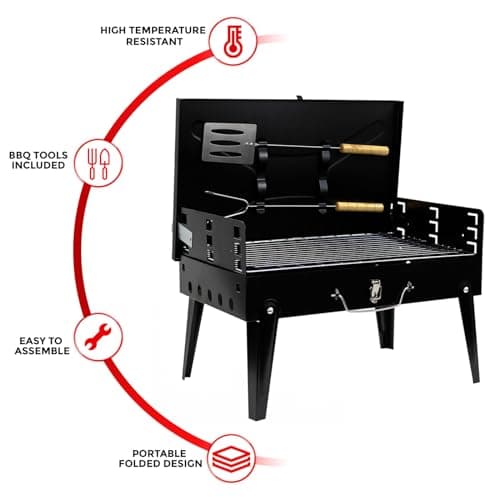 Crystals Portable Charcoal BBQ Grill, Foldable Stainless Steel Camping Barbecue with Tool Set, Small Travel Mini BBQ for Garden, Picnic & Outdoor Cooking, Black — view 3