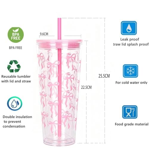 CuppaLifes 710ml Reusable Tumbler with Straw and Lid, 2 Pack Insulated Cup for Iced Coffee, Hot/Cold Drink, Plastic Travel Mug for Office, Travel, Camping, Beach, Outdoor (2, Pink) — view 2