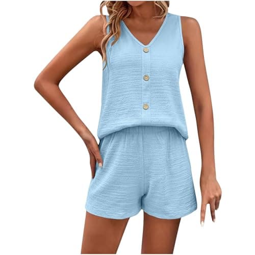 NSICBMNO Blue 2 Piece Outfits Women Summer Co Ord Sets Casual Track Suit Button Up Vest Tops V Neck Tank Tops Hot Pants Running Shorts Loungewear Sets Travel Airport Outfits For Holiday Beach Work
