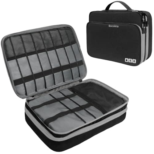 Gocokia Travel Cable Organizer Bag, 3 Layer X-Large Capacity Electronics Accessories Cord Storage Case Bag for Cables, SD Card,Chargers, Power Bank, Cellphone,Tablet(10.2")-Black