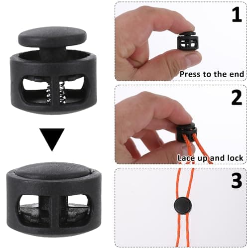 Apausvcm 10Pcs Shoe Lace Tie Locks, Plastic Cord Locks Double Hole Drawstring Stopper Fastener Black Spring Cord Lock for Shoelaces Drawstrings Paracord Clothing Bags Sweatpants Hats — view 4