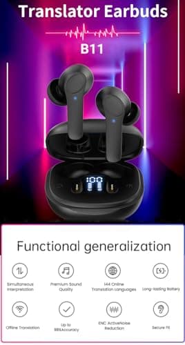 B11 Language Translator Earbuds, BT5.0 Noise Cancelling, 74 Languages 70 Accents, Digital Display, Smart Translation Device with APP, White — view 2