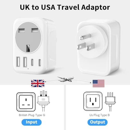 UK to USA Plug Adapter, US Travel Adapter with 2 USB &2 USB C Ports, 5 IN 1 American Plug Adapter from UK to USA, Canada, Thailand, Mexico, Colombia,Type B — view 3