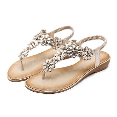 iCKER Women's Flat Sandals Ladies Thong Flat Sandals Bohemian Beaded Strap Sandals Diamante Rhinestone Leather Sandals, 4UK(label size 38), Gold — view 3