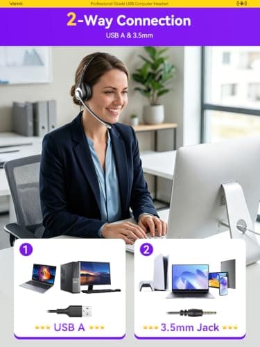 Wantek USB Headset With Microphone For Laptop, PC Headphones With Mic Noise Cancelling, Computer Headsets With In-Line Volume Control & Mute, Compatible with Ms teams, Zoom, Webex, Office, Home — view 5