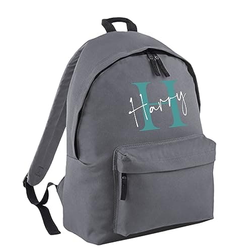 Print Maniacs Personalised Any Name Large 18L Kids Travel Backpack Junior Shoulder Collage Rucksack School Lunch Swimming P.E Laptop Book Bag (Grey, Teal/White)