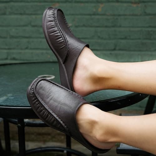 Mens Orthopedic Leather Clogs Breathable Slip on Mules Slippers Men Casual Modern Wide Fit Flat Trainers Arch Support Large Size Walking Shoes Backless Indoor Outdoor Sandals (Black, 9.5) — view 2