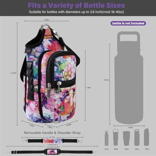 icolor Gym Magnetic Bag Water Bottle Carrier Holder with Strap & Phone Pockets, Diameter 3.9" Magnetic Gym Bag 5 Built-in Magnets Gym Accessories Organizer Pouch Sling Sleeve (Neoprene, Color-Flower) — view 3