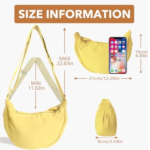 GoPaw Crescent Bag for Women, Nylon Half Moon Bag Women Crossbody Bag with Adjustable Strap, Solid Color Dumpling Bag Portable Crescent Purse for Daily Use(Yellow) — view 3