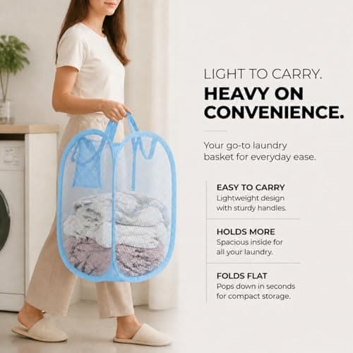 HOMESHOPA Laundry Baskets Pop Up Mesh Washing Bag, Blue Foldable Dirty Clothes Baskets with Handles&Side Pocket, Collapsible Toy Tidy Storage Organiser, Great for Kids Room, College Dorm Travel — view 6