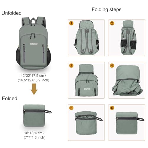 Bekahizar 20L Ultra Lightweight Backpack Foldable Hiking Daypack Rucksack Water Resistant Travel Day Bag for Men Women Kids Outdoor Camping Mountaineering Walking Cycling Climbing (Grey Green) — view 3