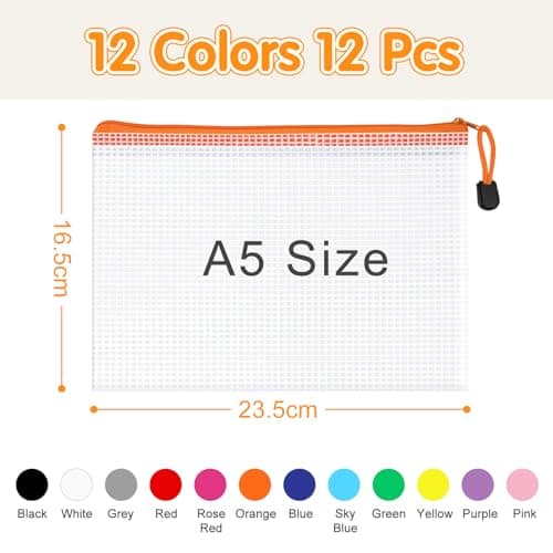 WISYOK A5 Plastic Wallets Zip, 12pcs, 23.5x16.5cm, 12 Colours — view 2