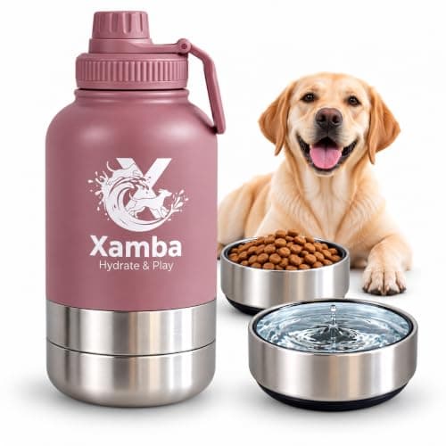 Xamba 3-in-1 Dog Travel Water Bottle 32oz (1000ml) – Stainless Steel Leak-Proof Pet Water Bottle with Detachable Food & Water Bowls for Walking, Hiking & Travel (Rose Pink)