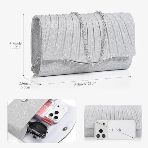 WantGor Clutch Purses for Women, Evening Bag Formal Handbags Shoulder Crossbody Bags for Wedding Cocktail Prom Beach Party (Silver) — view 6