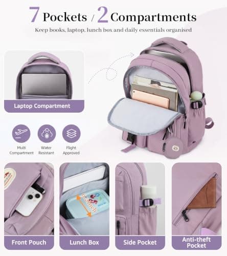 BECOJADDE Backpack School Bag for Women and Girls, 15.6" Laptop, Purple 25L — view 4