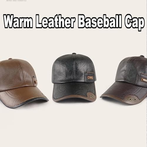 Warm Leather Baseball Cap, Mens Windproof Waterproof Genuine Leather Shell Fleece Lining Adjustable Hat Fall Winter (Black) — view 6