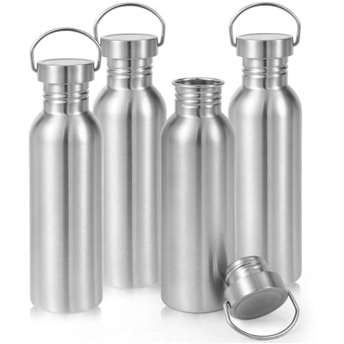 Volhoply 780ml Uninsulated Single Walled Water Bottle 4 Pack, Stainless Steel Reusable Water Bottles with Handle, BPA Free & Plastic Free 18/8 304 Metal Water Bottles for Camping, Hikers, Cyclists