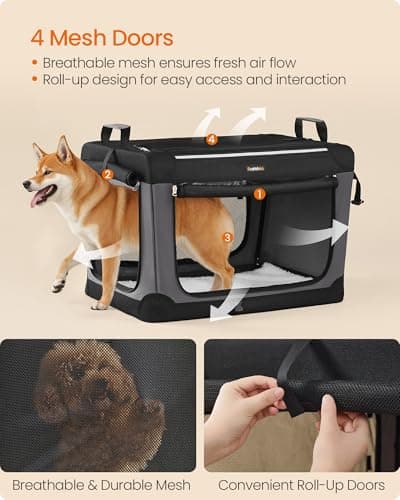 Feandrea Collapsible Dog Crate, Portable Pet Travel Crate for Medium Dogs, 76.2 x 53.4 x 53.4 cm, Oxford Fabric Pet Carrier with Mesh Doors, Storage Pocket, Ink Black PDC017B01 — view 4