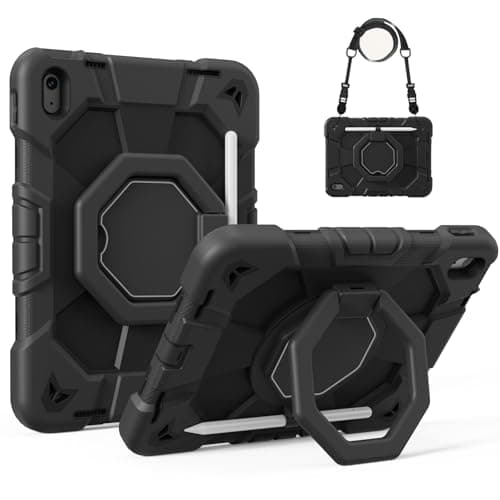 KVTVOU Case for iPad (A16) 11th Generation 2025 / iPad 10th Generation 2022 10.9 Inch, Military Grade TPU Drop Protection Cover, 360° Rotating Stand/Pencil Storage/Shoulder Strap, Black