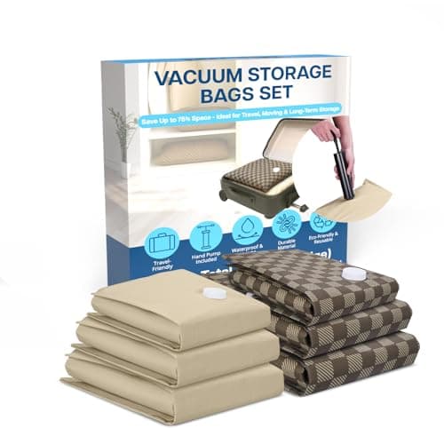Vacuum Seal Bags for Clothing & Travel by MMOBIEL – Sturdy Space Saver Vacuum Storage Bags - Reusable Compression Packing for Moving, Long-Term Storage – 6 Pack (S/M/L) – Incl. Hand Pump - Brown/Beige