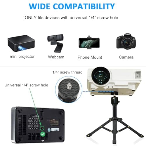 JCWINY Mini Projector Stand Tripod, Portable and Adjustable Desktop Projector Tripod Mount Lightweight Table Tripod Stand for Mini Projector Cameras iPhone Webcam Mount, 360°Ball Head Rotation — view 3