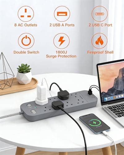 1.8M Extension Lead Grey, 8 Way Power Strip with 2 USB C 2 USB A — view 2