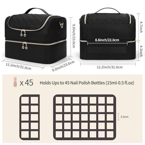 Nail Polish Organiser, Nail Varnish Storage Box Holds 45 Bottles Nail Polish & Nail Lamp, Nail Tech Travel Case, Nail Kit Carrying Bag for Nail Stuff & Manicure Tools (Black, 45 Slots) — view 2