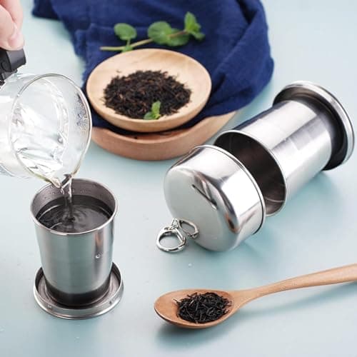 2 Pcs Retractable Folding Mug, Stainless Steel Folding Mug, Portable Coffee Mug, 250ML Reusable Collapsible Tumbler, Collapsible Mug with Key Ring for Travel, Hiking, Camping, Picks — view 3