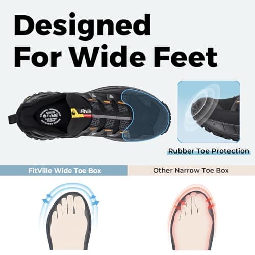 FitVille Men's Extra Wide Walking Trainers Comfortable Slip On Hiking Shoes with Arch Support, Low-Rise Trekking and Hiking Footwear for Outdoor Trekking Camping Climbing Black — view 3