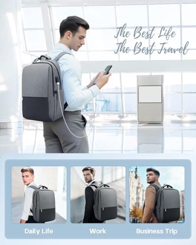 Backpack, Business Travel Backpack with Charging Port, Water Resistant Rucksack, Anti-Theft Backpack for Men Women, Fits 15.6-inch School Bag(Grey) — view 6