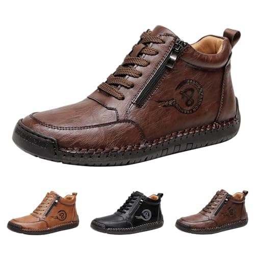 Mens Lace up Orthopedic Leather Boots Wide Fit Walking Shoes with Zipper Slip on Arch Support Flat Trainers Men Lightweight High Top Non-Slip Outdoor Hiking Trekking Sneaker (Bronze, 7.5) — view 4