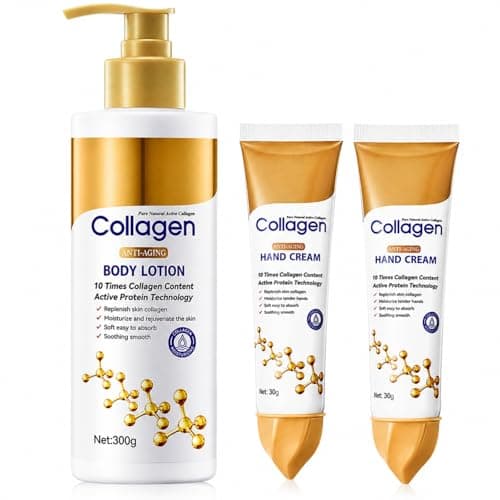 Collagen Body Lotion 300g with 2 x 30g Hand Cream, Firming Body Lotion and Collagen Cream for Skin Tightening, Fast Absorbing Moisturiser for Dry Rough Skin, Hands and Daily Body Care