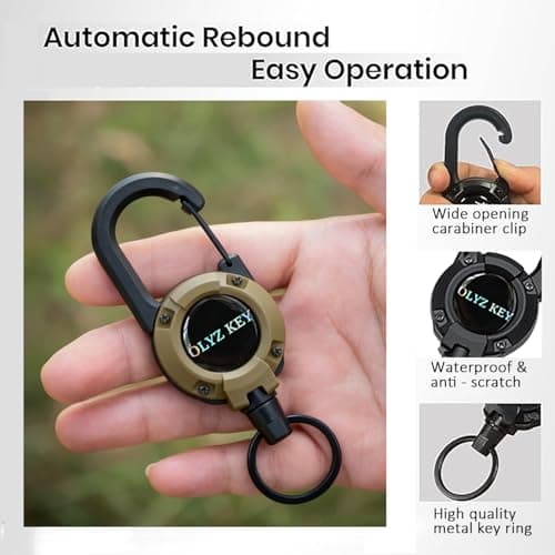 Oleyzee Retractable Keychain Heavy Duty Multitool Carabiner Key Chain, 60CM Extended Coated Steel Cord Badge Reel, Carabiner Key Holder for Work & Outdoor, Bearing 8.0 oz, Brown — view 4
