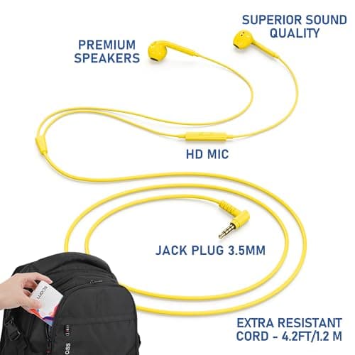 Ludos ZENITH Wired Earbuds in-Ear Headphones, 2 Year Warranty, Earphones with Microphone, Corded for 3.5mm Jack Ear Buds for iPhone, Samsung, Computer, Laptop, Kids, School Students, Woman - Yellow — view 2