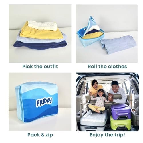 Sharing the Road Packing Cubes for Kids & Baby Days of the Week 7 Set Daily Outfit Suitcase Organizers for Boys and Girls Summer Camp, Cruise, and Family Vacation (Large) — view 6
