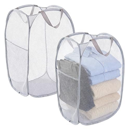 2 Pcs Foldable Laundry Basket Pop Up Mesh Washing Bag with Handles and Side