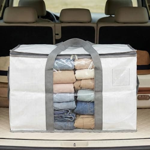 RLAVBL 90L Storage Bags with Zips 4 Pack, Heavy Duty Large Moving Bags with Handles and Label Pocket, Clear Window Packing Laundry Bags for Clothes, Blankets and Bedding, Grey and White — view 5