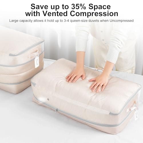 DIMJ 2 Pack Self-Compression Storage Bags 200L - Heavy Duty Duvet Organiser with Air Valves, Compress Bedding from 100L to 66L per Bag for Wardrobe, Travel & Moving | No Pump Space Saver (Beige) — view 3